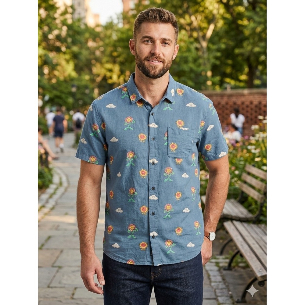 Roark Revival Men XXL Blue Sun Flower Cloud Print Cotton Linen Button Down Shirt